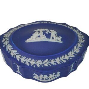 Wedgwood Cobalt Blue Jasperware Trinket Box – Vintage English Pottery